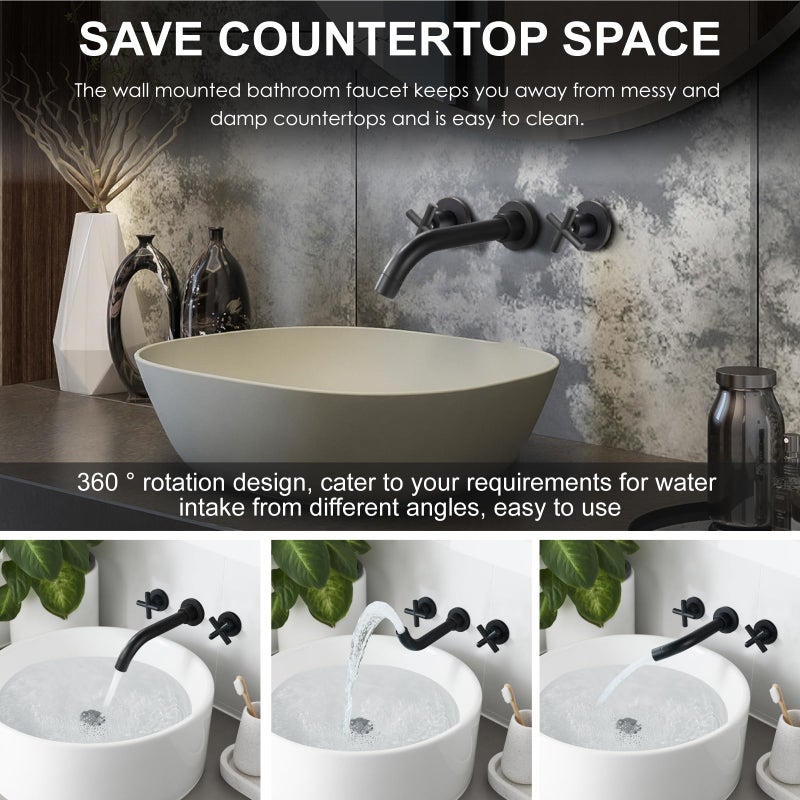 Midanya Wall Mounted Bathroom Sink Faucet,Double Handle 3 Holes Widespread Vanity Sink Mixer Tap with Rough in Valve Dual Cross Handles Faucets,Matte Black - Image 3